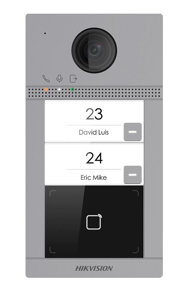 Hikvision Placa de calle Videoportero cámara 2MP 2 botones (2 apartamentos) Tarjeta MF Superficie IK08 Aluminio · Ref. DS-KV8213-WME1(C)