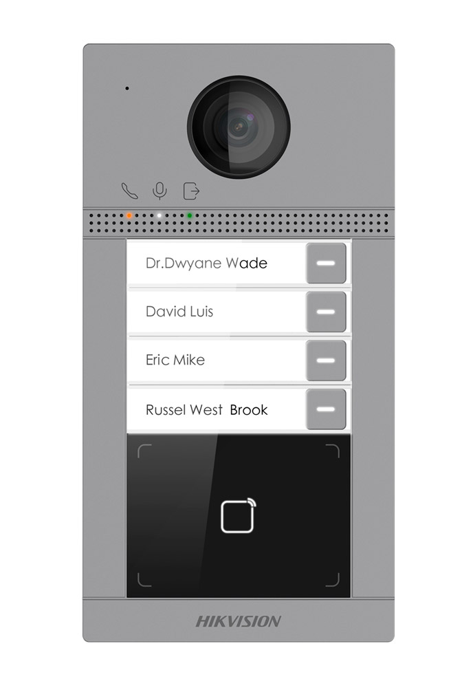 Hikvision Placa de calle Videoportero cámara 2MP 4 botones (4 apartamentos) Tarjeta MF Empotrar IK08 · Ref. DS-KV8413-WME1(C)/Flush