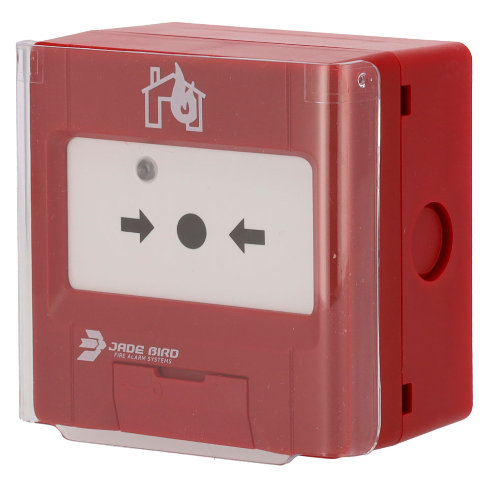 Jade Bird Pulsador manual analógico Rearmable con base y tapa de protección incluída. Superficie · Ref. JBE-2100C