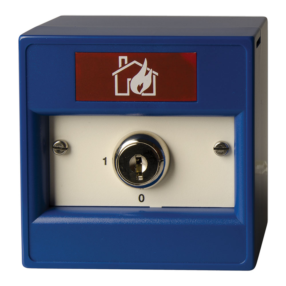 Kidde Pulsador manual con llave para superficie, dos posiciones. Azul · Ref. DM700KB-N