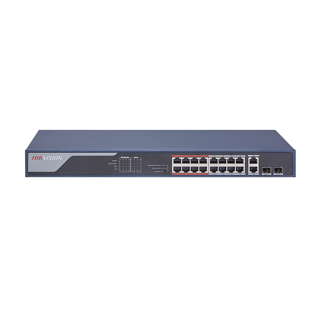 Hikvision Switch Hikvision 16 puertos PoE 10/100M RJ45, 2 puertos Gigabit RJ45, 2 puertos Gigabit SFP, 230W · Ref. DS-3E0318P-E(C)