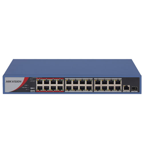Hikvision Switch Hikvision 24 puertos PoE 10/100M RJ45, 1 puerto Gigabit RJ45, 1 puerto Gigabit SFP, 230W · Ref. DS-3E0326P-E/M(B)