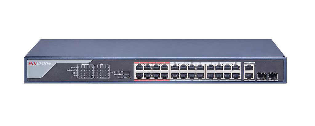 Hikvision Switch Hikvision 24 puertos PoE 10/100M RJ45, 2 puertos Gigabit RJ45, 2 puertos Gigabit SFP, 370W · Ref. DS-3E0326P-E(C)