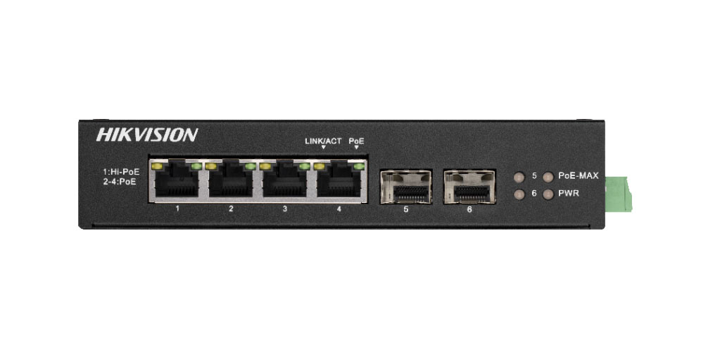 Hikvision Switch Hi-PoE no administrado Gigabit 4 puertos Rango temperatura extendida · Ref. DS-3T0506HP-E/HS