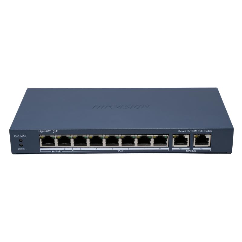 Hikvision Switch inteligente Administrado 8 puertos 100Mbps PoE + 2 puertos RJ45 Gigabit Hi-Poe · Ref. DS-3E1310HP-EI(B)