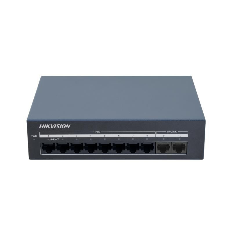 Hikvision Switch no administrado 8 puertos RJ45 PoE Gigabit + 2 puertos RJ45 Gigabit L2 · Ref. DS-XS10G-P