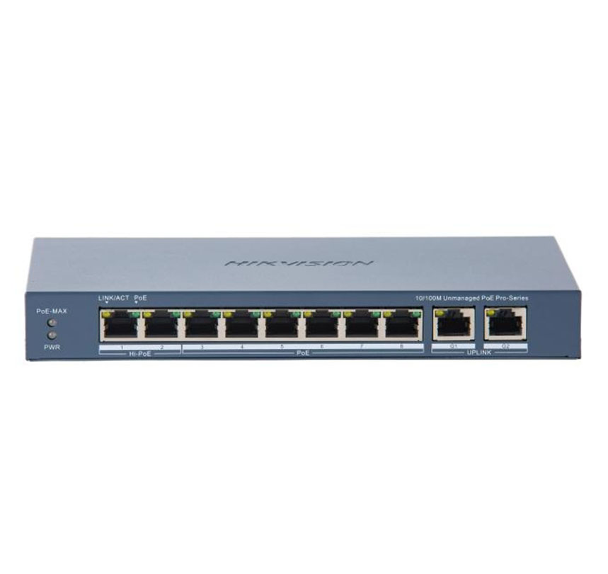 Hikvision Switch POE Hikvision de 8 puertos no gestionable L2 POE 100Mbps 7P PoE 300m + 1P Hi-PoE 2P RJ45 Gigabit · Ref. DS-3E0310HP-E(C)