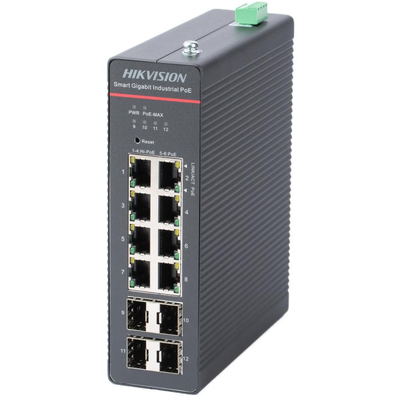Hikvision Switch PoE industrial inteligente administrado de 8 puertos Gigabit 4 puertos SFP · Ref. DS-3T1512HP-SI-8P4F