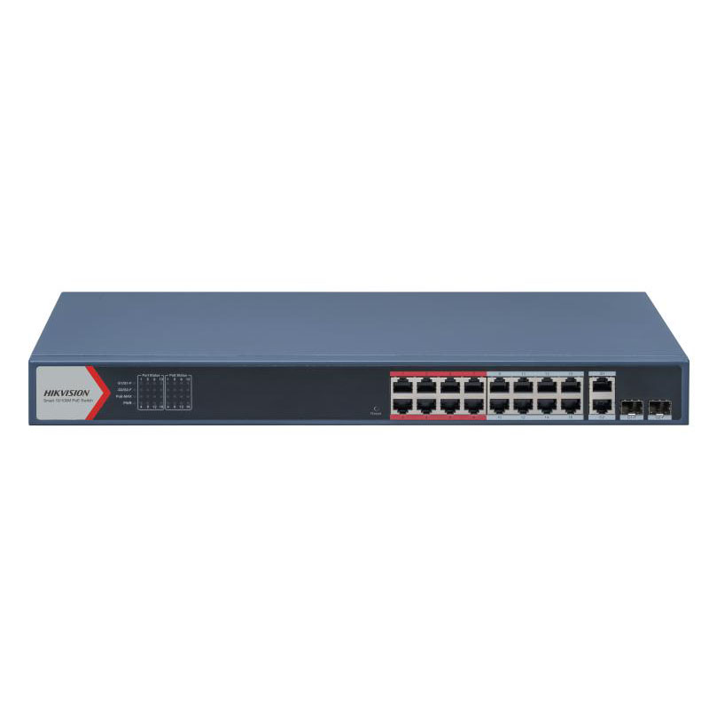 Hikvision Switch POE inteligente 16 puertos 100Mbps - 2 Puertos Gigabit RJ45 - 2 Puertos SFP Gigabit Gestionable · Ref. DS-3E1318P-EI(B)
