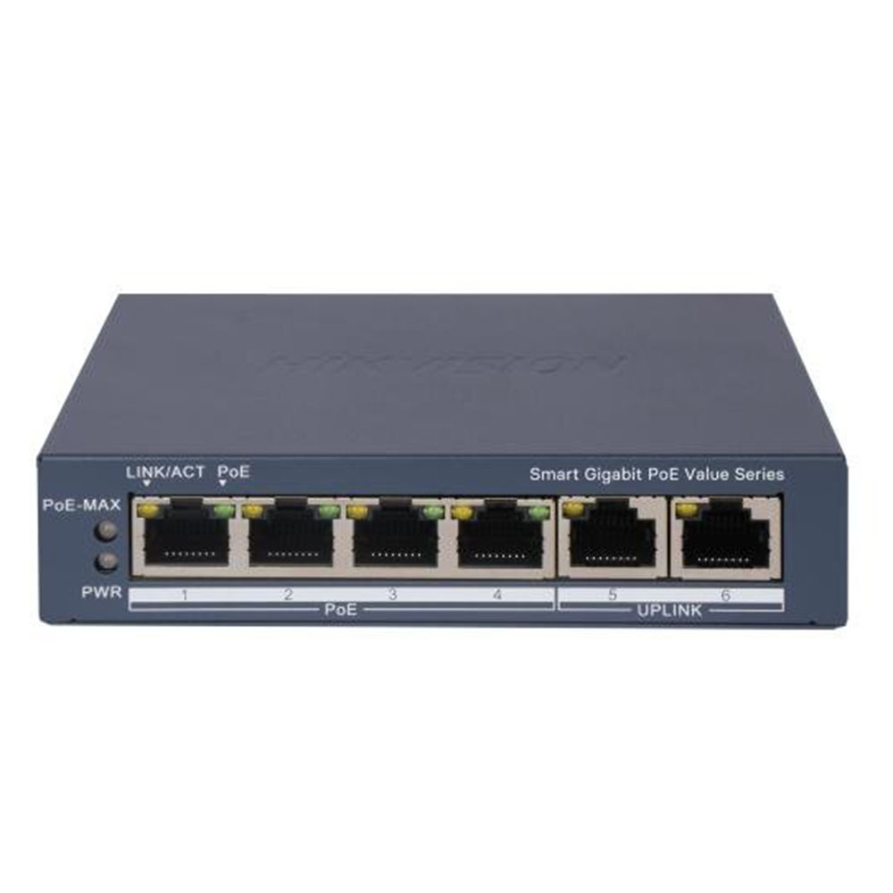 Hikvision Switch PoE inteligente Gigabit de 4 puertos PoE + 2 RJ45 · Ref. DS-3E1506P-EI/M