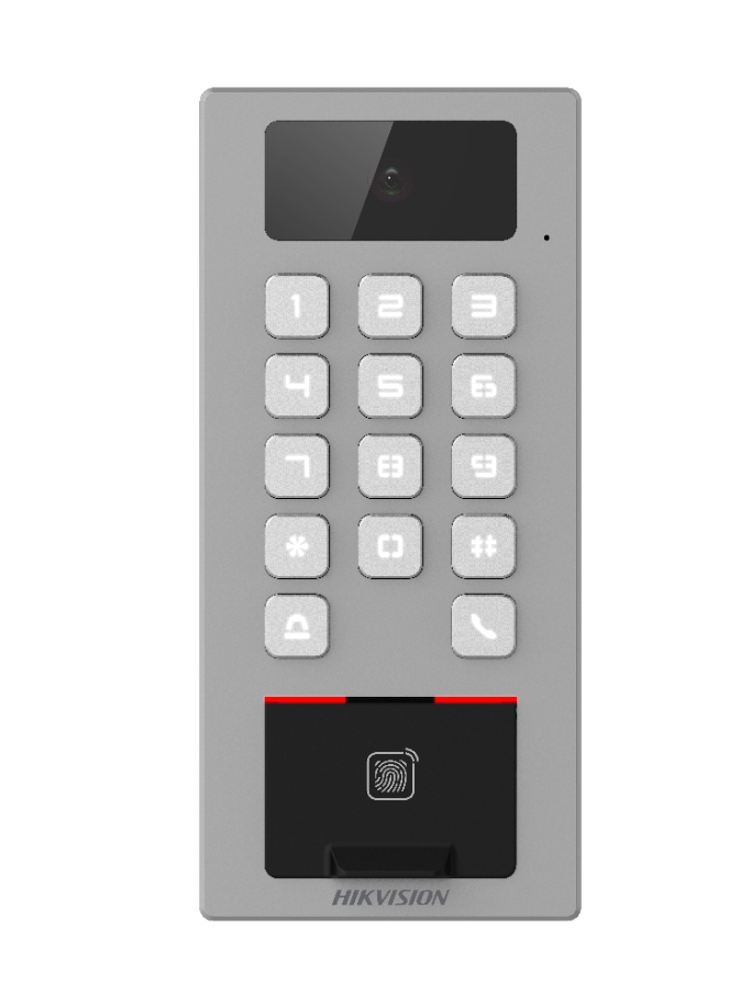 Hikvision Terminal 2en1 Autónomo Exterior Hik-Connect Cámara 2MP Lector huella Acceso tarjeta/teclado y Videoportero · Ref. DS-K1T502DBFWX-C