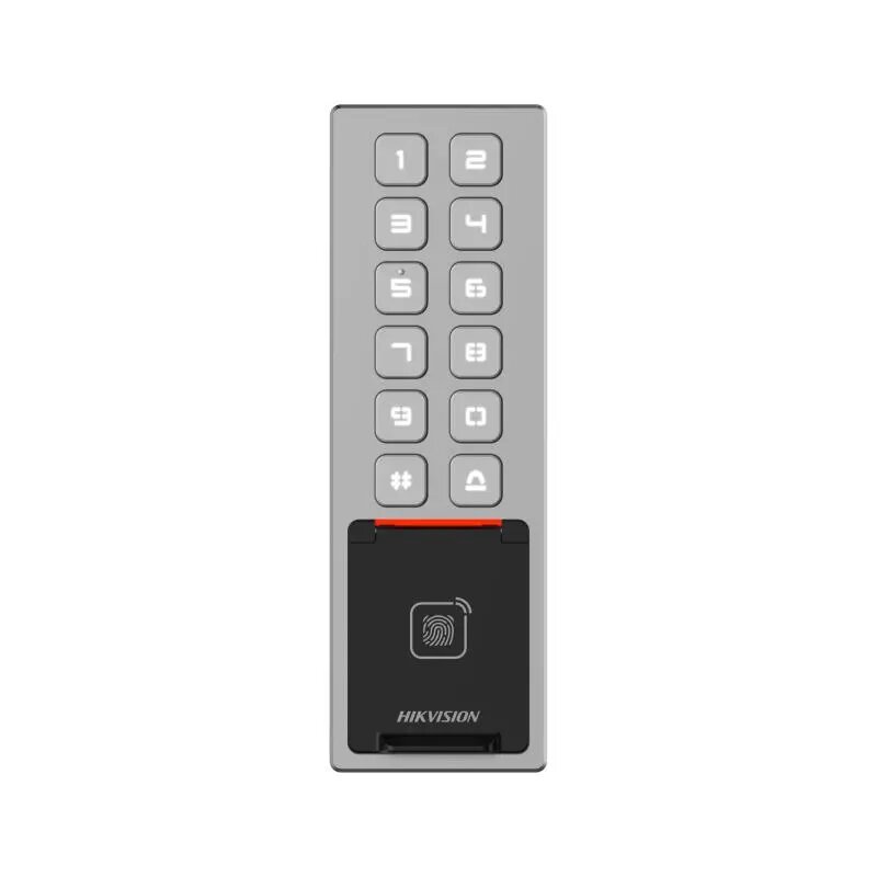 Hikvision Terminal de control de accesos tarjeta M1 huella digital PIN y bluetooth IP65 IK08 Diseño Slim · Ref. DS-K1T805MBFWX