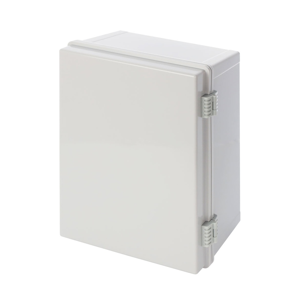 Caja de ABS 400x300x200, impermeable con bisagras plásticas de cierre y placa base · Ref. AWB403020