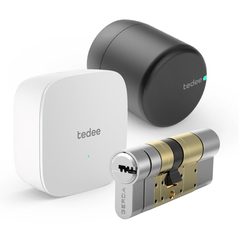 Tedee Cerradura inteligente Tedee PRO Black + Cilindro Bombillo Gerda Doble Embrague + Brigde Wi-Fi · Ref. PRO+BOMBILLO+BRIDGE