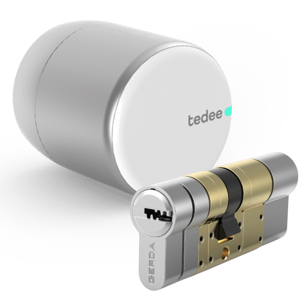 Tedee Cerradura inteligente Tedee PRO para acceso sin llave Plata + Cilindro Bombillo Gerda de Doble Embrague · Ref. PRO+BOMBILLO
