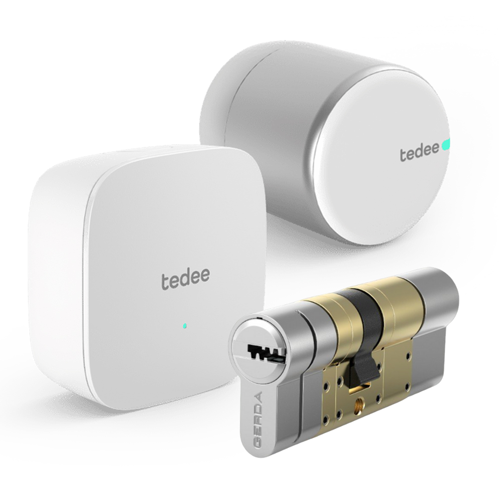 Tedee Cerradura inteligente Tedee PRO Plata + Cilindro Bombillo Gerda Doble Embrague + Brigde Wi-Fi · Ref. PRO+BOMBILLO+BRIDGE