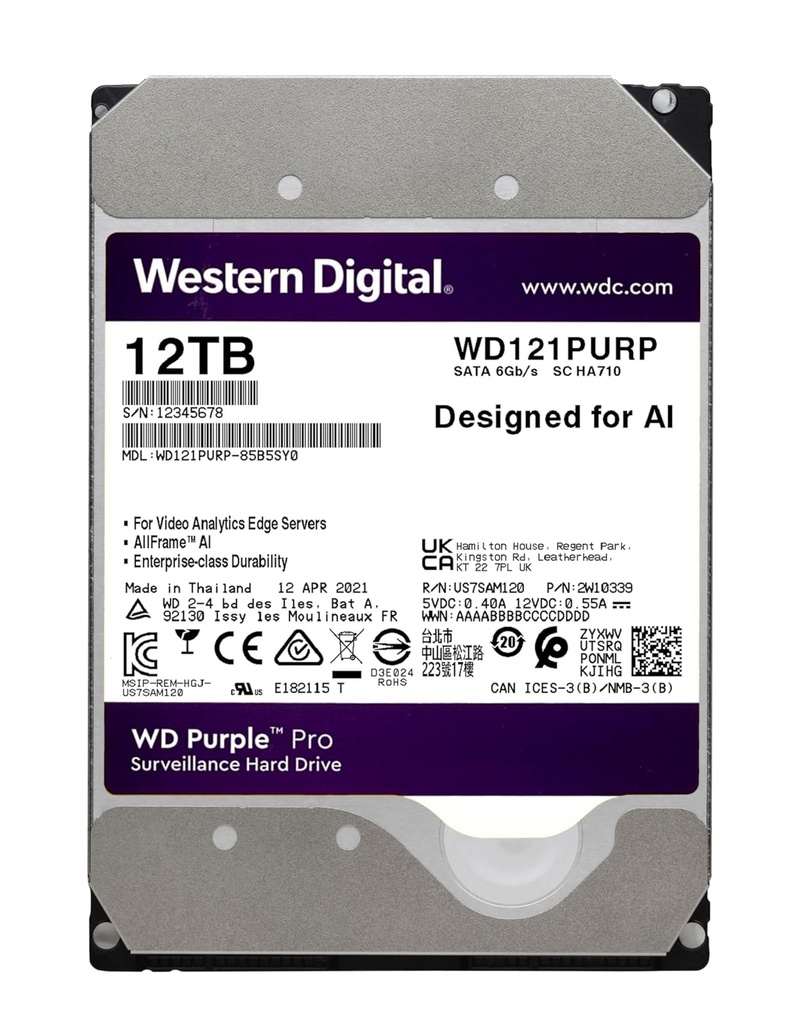 Western Disco duro especial videovigilancia 12TB · Ref. WD121PURP