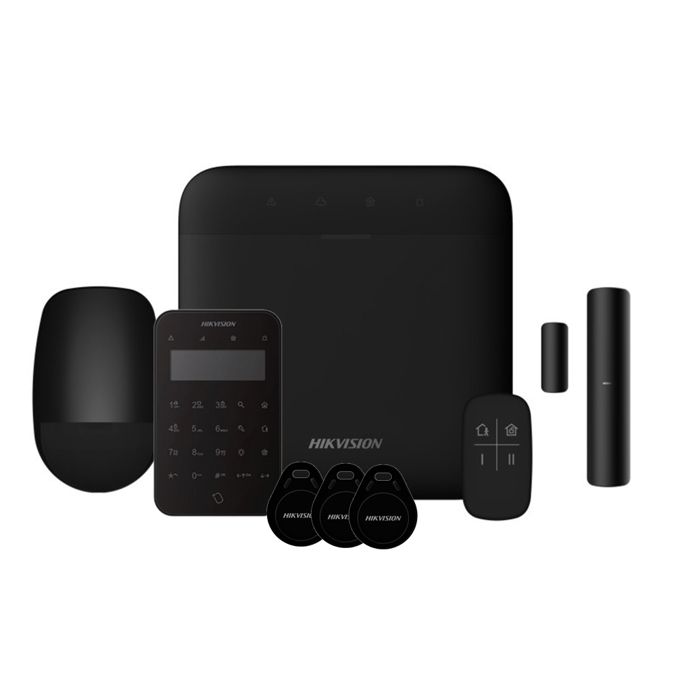 Hikvision Kit AXPRO 868MHz 64 zonas Hikvision Panel + PIR + Mando + Teclado + Contacto (Color Negro) · Ref. AXPRO-64-PIR-M-K-R-BLACK