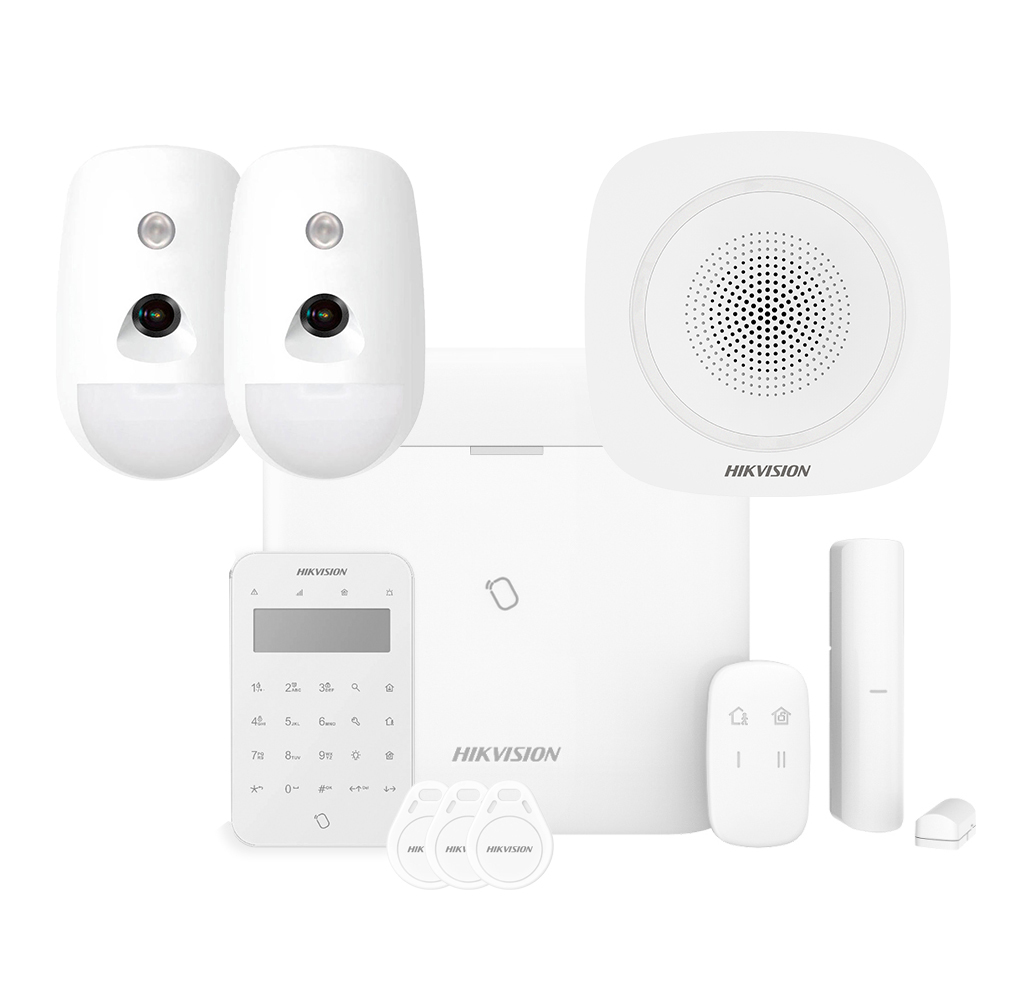 Hikvision Kit AXPRO 868MHz 96 zonas Hikvision Panel + 2 PIRCAM + Mando + Teclado Lector de Tags + Contacto + Sirena · Ref. AXPRO-96-2CAM-M-K-S-R