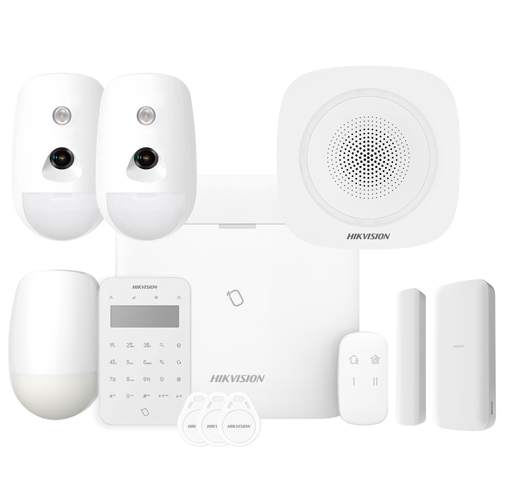 AXPRO-96-2CAM-PIR-M-K-S-R - Kit AXPRO 868MHz 96 zonas Hikvision Panel + 2 PIRCAM + PIR + Mando + Teclado Lector de Tags + Contacto + Sirena