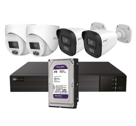 TVT KIT BULLET/DOMO IP TVT 4CH - Kit CCTV IP NVR 4CH PoE + 2 Domos 4MP 2.8mm + 2 Bullets 4MP 2.8mm + HD2TB · Ref. TVT-347