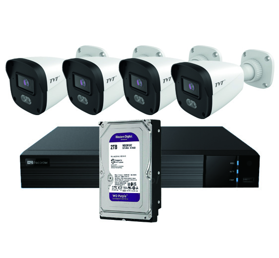 TVT KIT BULLET IP TVT 4CH - Kit CCTV IP NVR 4CH PoE + 4 Bullets 4MP 2.8mm + HD2TB · Ref. TVT-348