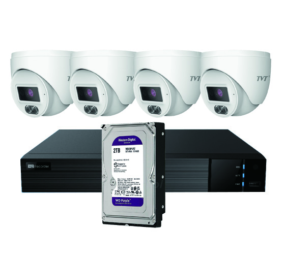 TVT KIT DOMO IP TVT 4CH - Kit CCTV IP NVR 4CH PoE + 4 Domos 4MP 2.8mm + HD2TB · Ref. TVT-345