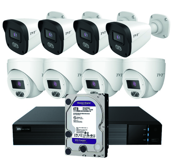 TVT KIT BULLET/DOMO IP TVT 8CH - Kit CCTV IP NVR 8CH PoE + 4 Domos 4MP 2.8mm + 4 Bullets 4MP 2.8mm + HD4TB · Ref. TVT-349