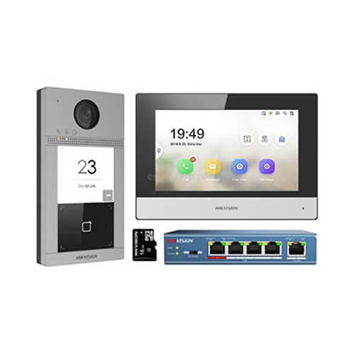 Hikvision Kit de videoportero IP residencial Placa exterior Monitor switch PoE 4 puertos MicroSD 16GB · Ref. DS-KIS604-S(C)