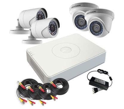 Hikvision KIT Grabador DVR 5en1 4CH + 2 Minibullet 4en1 1MP + 2 Domo 4en1 1MP · Ref. DS-J142I/7104HGHI-F1+2+2CAM