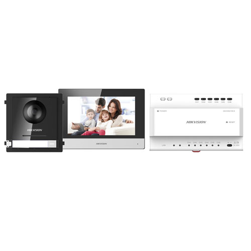 Hikvision Kit videoportero 2 hilos Placa exterior + Monitor interior + alimentador + distribuidor/convertidor + SD 32GB · Ref. DS-KIS702Y