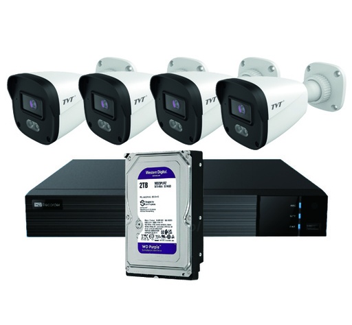 [TVT-348] KIT BULLET IP TVT 4CH - Kit CCTV IP NVR 4CH PoE + 4 Bullets 4MP 2.8mm + HD2TB
