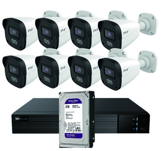 [TVT-350] KIT BULLET IP TVT 8CH - Kit CCTV IP NVR 8CH PoE + 8 Bullets 4MP 2.8mm + HD4TB